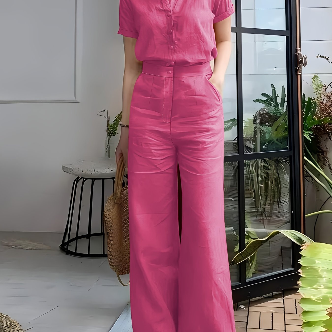 Women'S Solid Color Short Sleeve Shirt and Long Pants Elegant Two-Piece Set