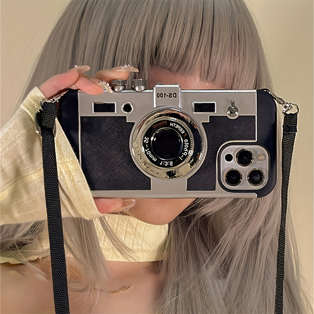 Fashion Crossbody Strap 3D Camera Phone Case for iPhone 16 15 Pro 14 Plus 11 13 12 Pro Max Cover Cute Soft Protective Cases