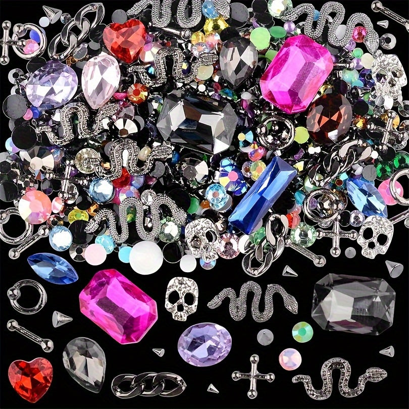 300 Pieces Of Y2K Black Golden Silvery Punk Cone Rivet 3D Golden Skull Cross Chain Snake Pattern Retro Alloy Golden Nail Pendant Glass Pointed Bottom Gem Resin Water Drill Female Girl Golden Nail DIY Nail Art Decoration Set