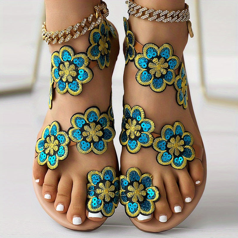 Faux Pearl Women's Flowers Flat Sandals, Fashion Toe Loop Casual Beach Travel Slip On Shoes