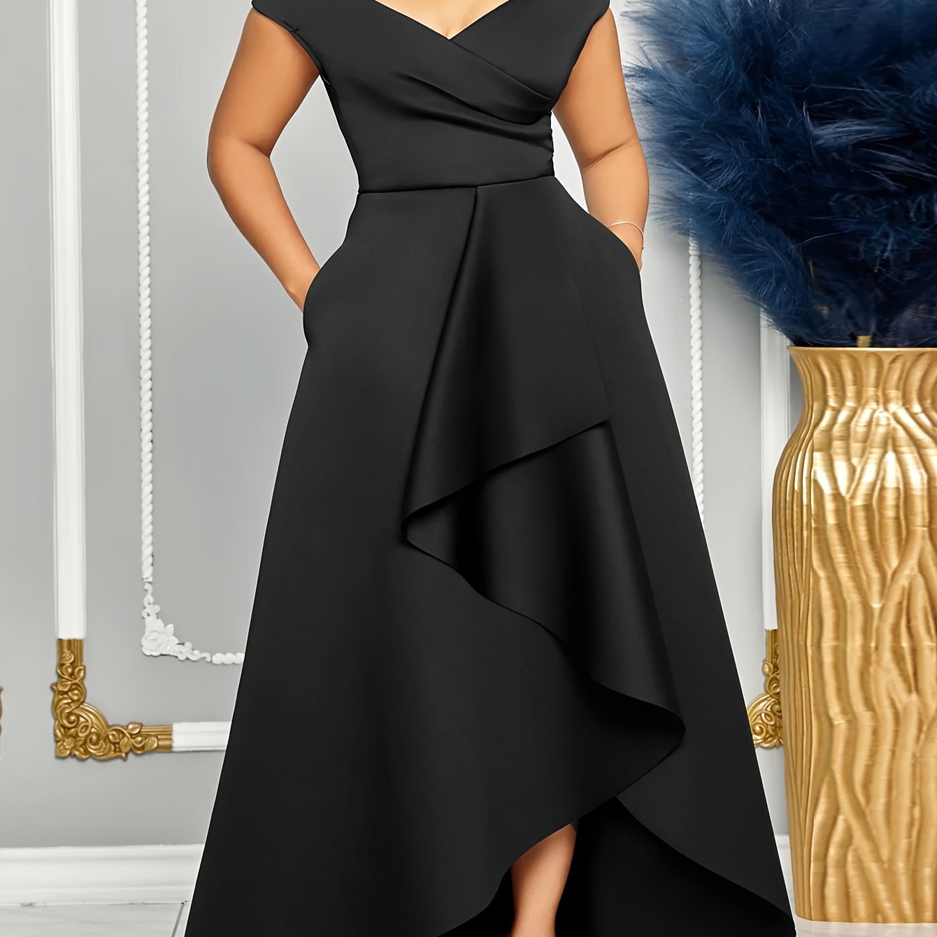 Elegant Off-Shoulder Deep V-Neck Midi Dress for Women - Chic One-Shoulder Waist, Vibrant Green, Perfect for Parties & Fashion-Forward Events