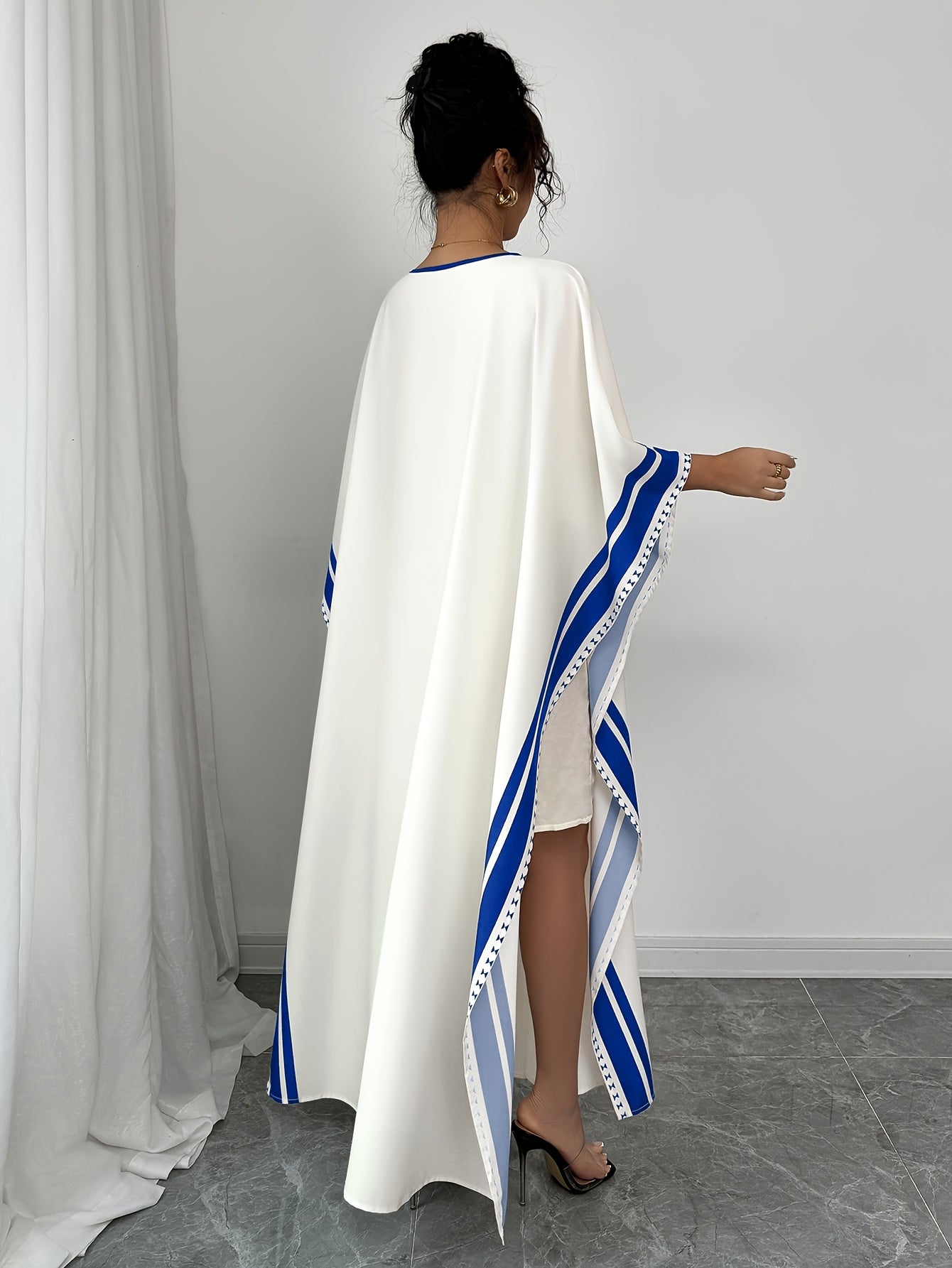 Women'S Elegant V-Neck Maxi Dress with Batwing Sleeves & Striped Detail - Casual Kaftan Style, Lightweight Polyester, Perfect for Spring/Fall, Adult Clothing | Vneck Dress | Striped Detail Dress