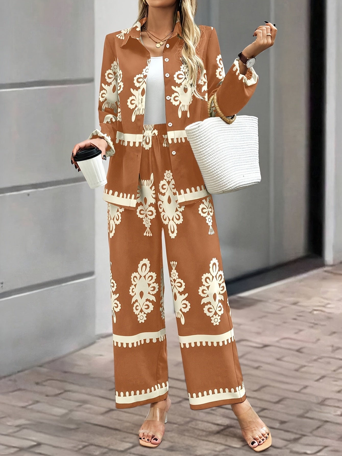 2pcs Elegant Special Set for Women with Random Print Front Button Long Sleeve Top and Pants Casual Suit