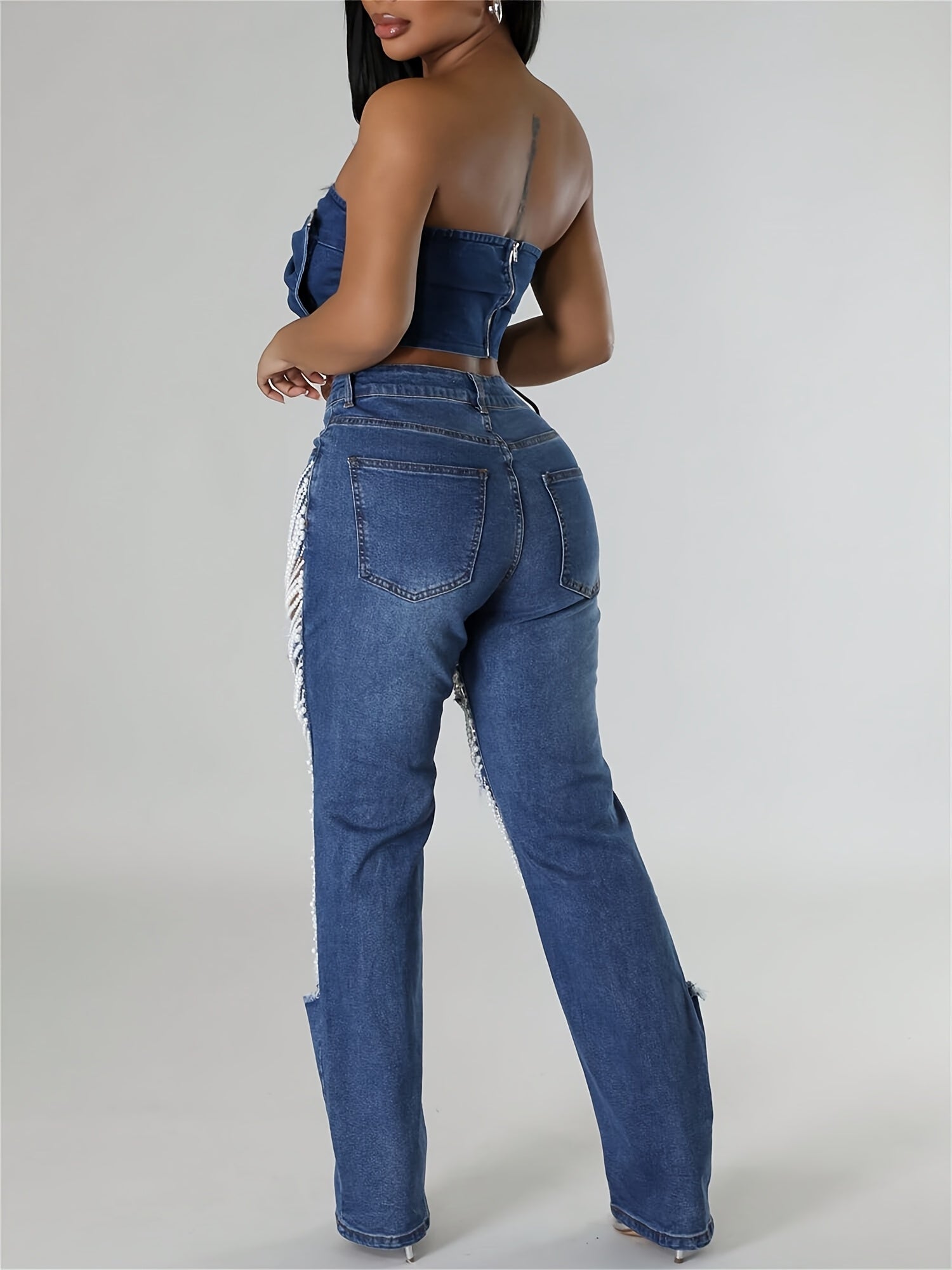 Straight Leg Jeans For Women Mid-Rise Distressed Ripped Hole Pearl Chain Denim Pants