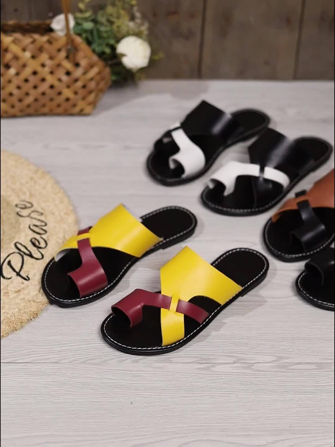 Women's Toe Loop Flat Slides, Fashion Colorblock Slip On Summer Shoes, Casual Outdoor Beach Slides