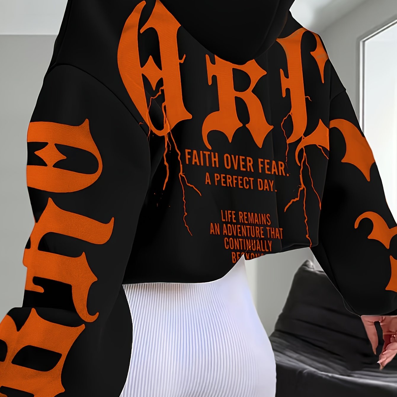 Women'S Stylish Black Hoodie with Vibrant Blue "Fear" Graphic Print - Casual Long Sleeve Pullover, Polyester Knit Fabric, Fall & Winter Essentials, Fall Winter Apparel | Bold Graphic Hoodie | Polyester Hoodie