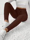 Elegant High-Waist Ribbed Knit Pants for Women - Cozy & Chic Brown Slim-Fit Trousers with Elastic Waistband, Perfect for Fall/Winter Casual Wear