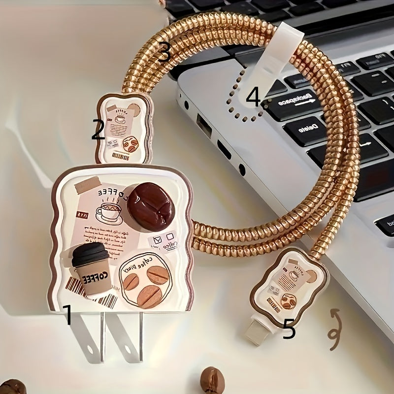 5pcs Simple Coffee for iPhone14promax Charger Protective Case Data Cable Protective Case for iPhone13/12/11 Charger Winder 18/20W Fast Charging Head Anti-Breakage Winder Boyfriend/Girlfriend Gift