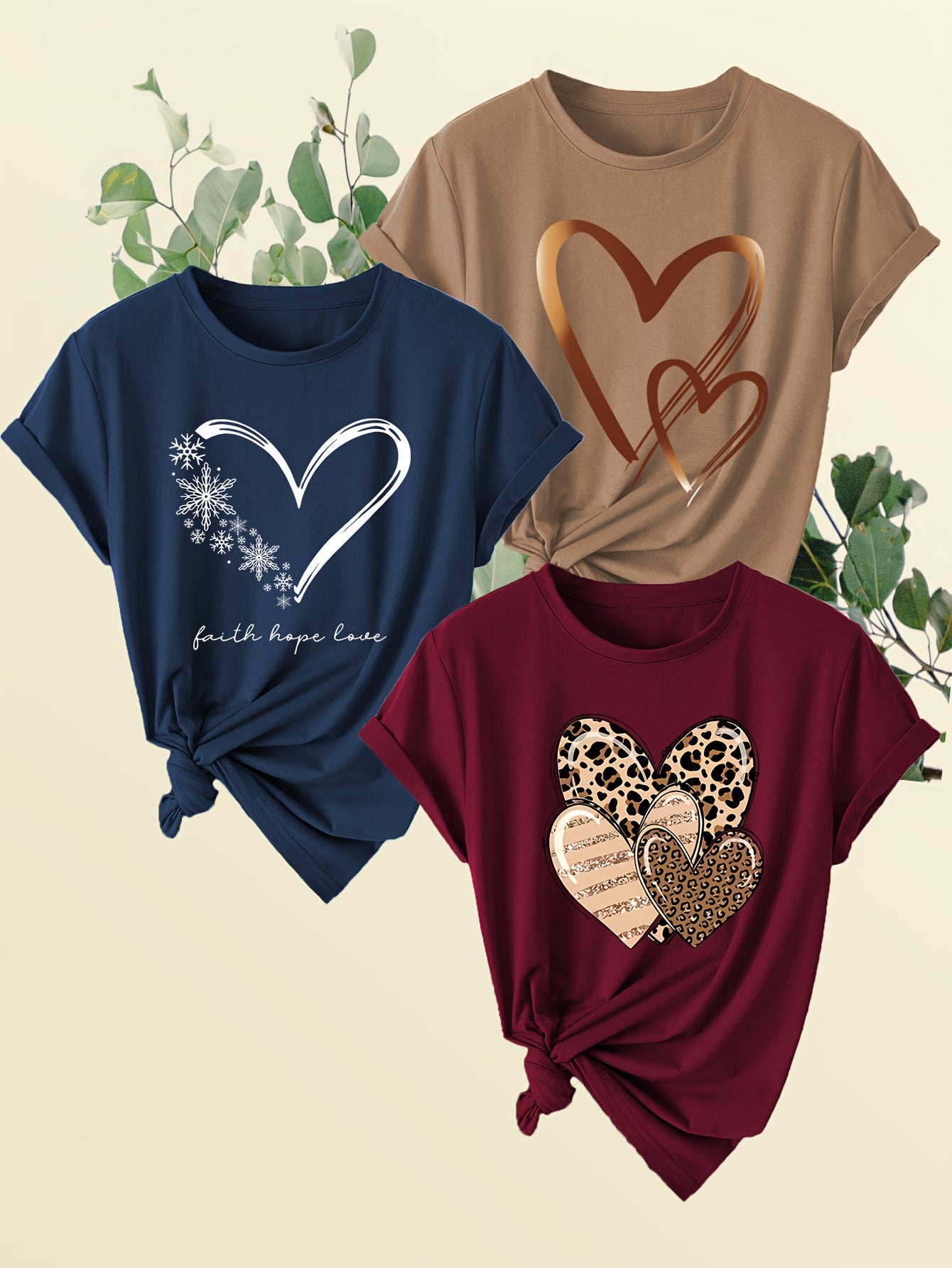 3-Pack Women'S Heart Print Short Sleeve T-Shirts, Casual Crew Neck Polyester Tops, Spring/Summer Knit Fabric Pullovers, Regular Fit H-Style Tee Shirts with Slight Stretch - 180gsm