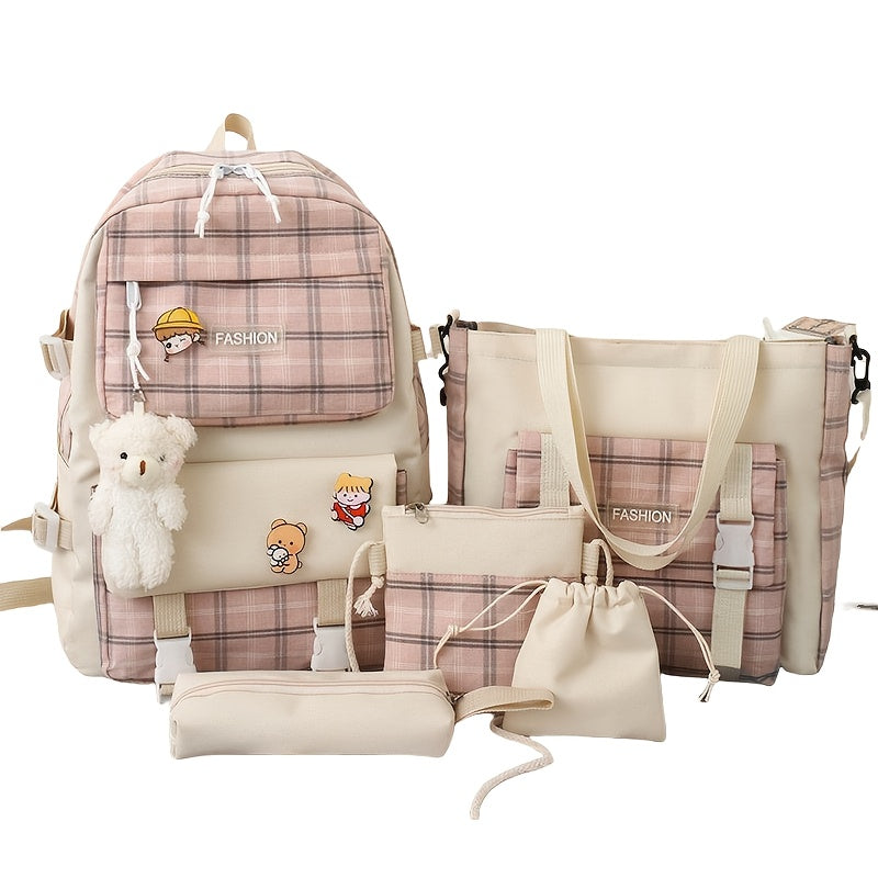 Fashionable And Lovely Plaid Backpack - Five-piece Set - Casual Simple Backpack - For Women - Suitable for School, Travel, Everyday Use - Perfect Gift for Teen Girls