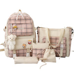 Fashionable And Lovely Plaid Backpack - Five-piece Set - Casual Simple Backpack - For Women - Suitable for School, Travel, Everyday Use - Perfect Gift for Teen Girls