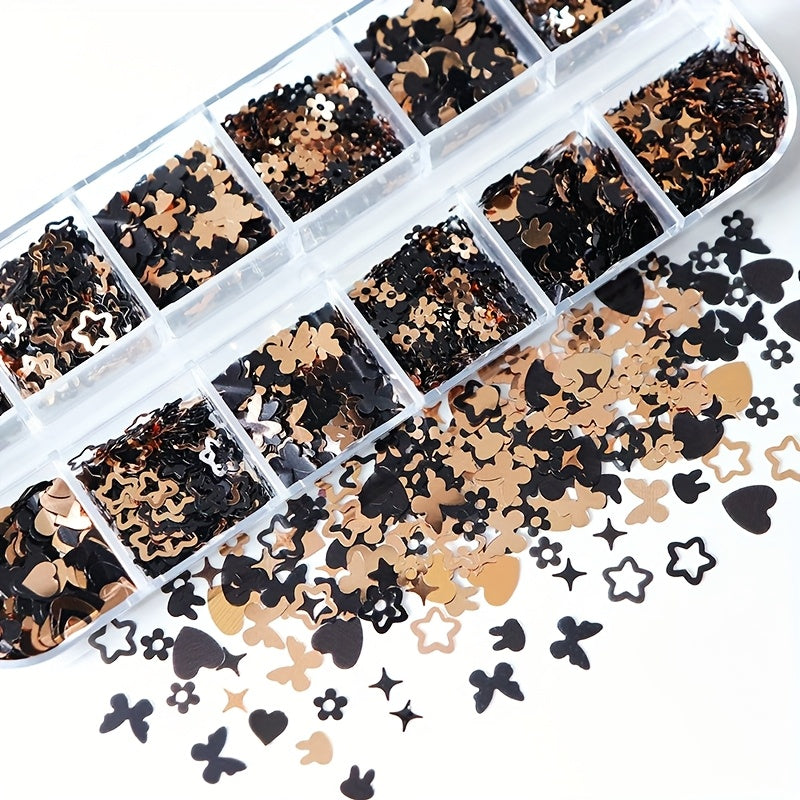 Yanyniu 12-Grid Butterfly & Floral Nail Glitter - Black, Golden & White Mix | Sparkling Rabbit & Flower Designs for Nail Art Decoration