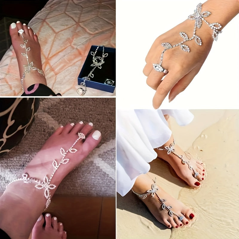 1. Gorgeous Silvery Plated Sparkling Rhinestone Decoration Leaf Shaped Toe Chain, Bride Ankle Chain Bracelet, Suitable For Women'S Banquets And Parties, Beach Ankle Chain Barefoot Accessories