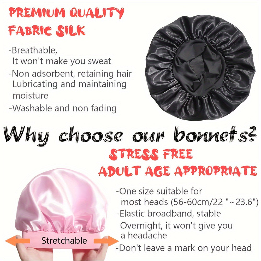 8-Pack Satin Bonnet Caps for Women - Elastic Wide Band, Reusable Hair Protection Sleep Caps for Curly and Natural Hair, Unscented Shower Caps