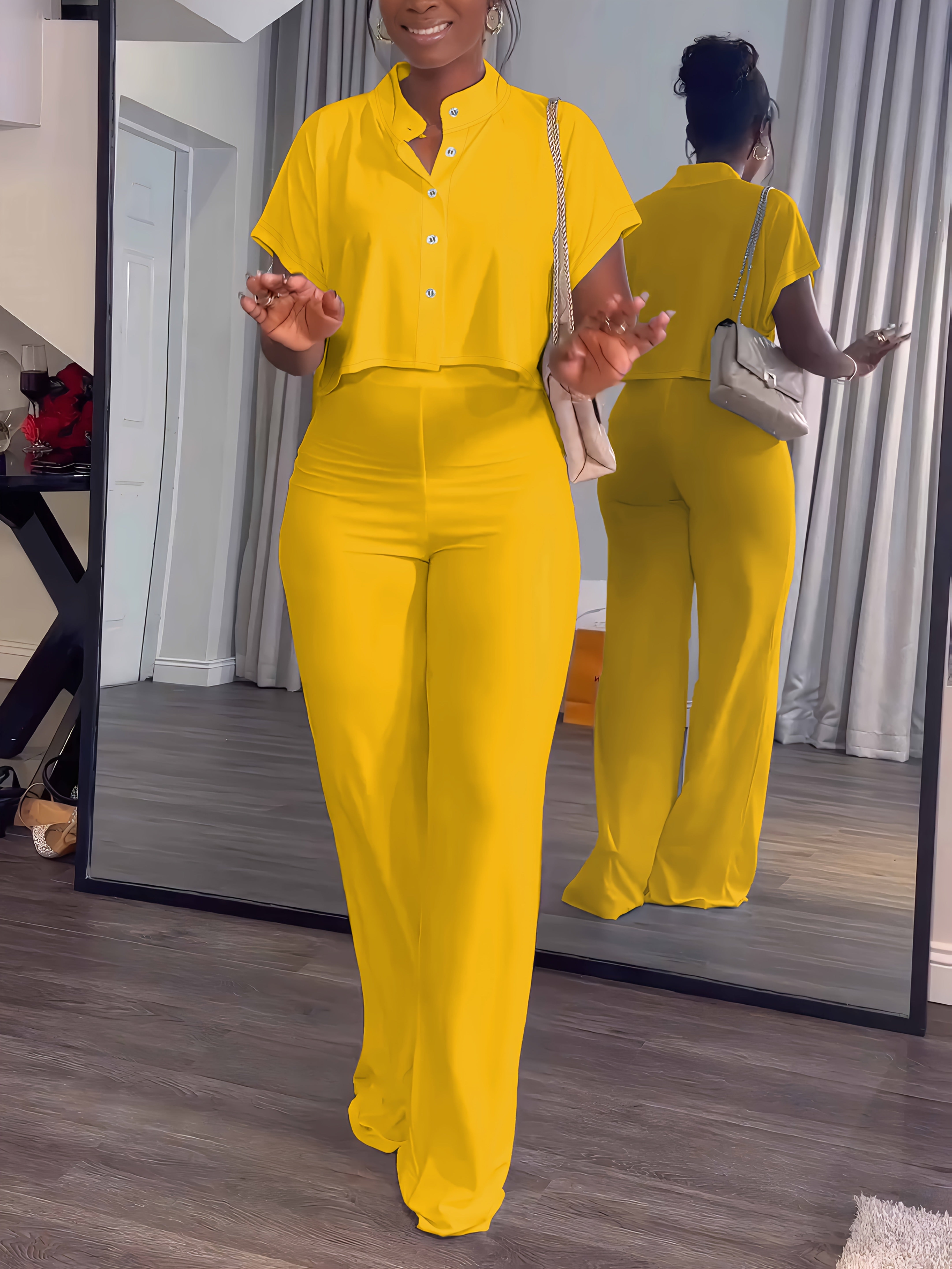 Women's Summer 2pcs Outfits Casual Tracksuit Short Sleeve Button Crop Top Wide Leg Long Pant Lounge Sets