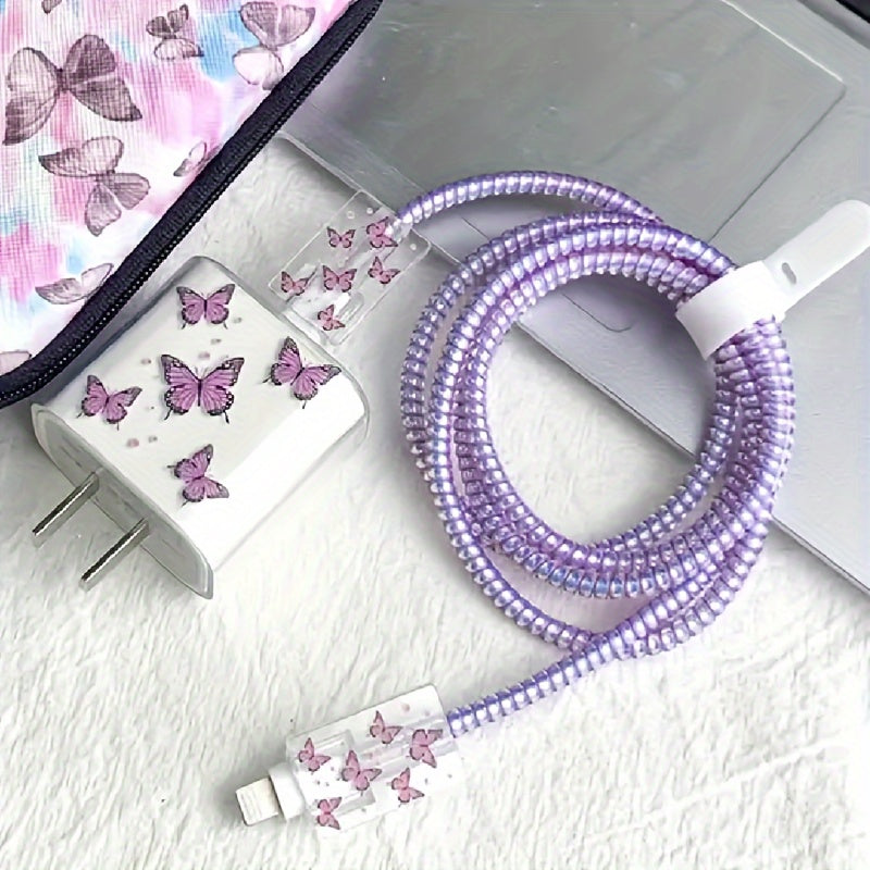5pcs Purple Butterfly Charger Covers, TPU Protective Cases for iPhone 14 Pro Max, 13/12/11, 18/20W Fast Charging, Cord Wrapping, Anti-Breakage, Gift for Boyfriend/Girlfriend, Phone Accessories