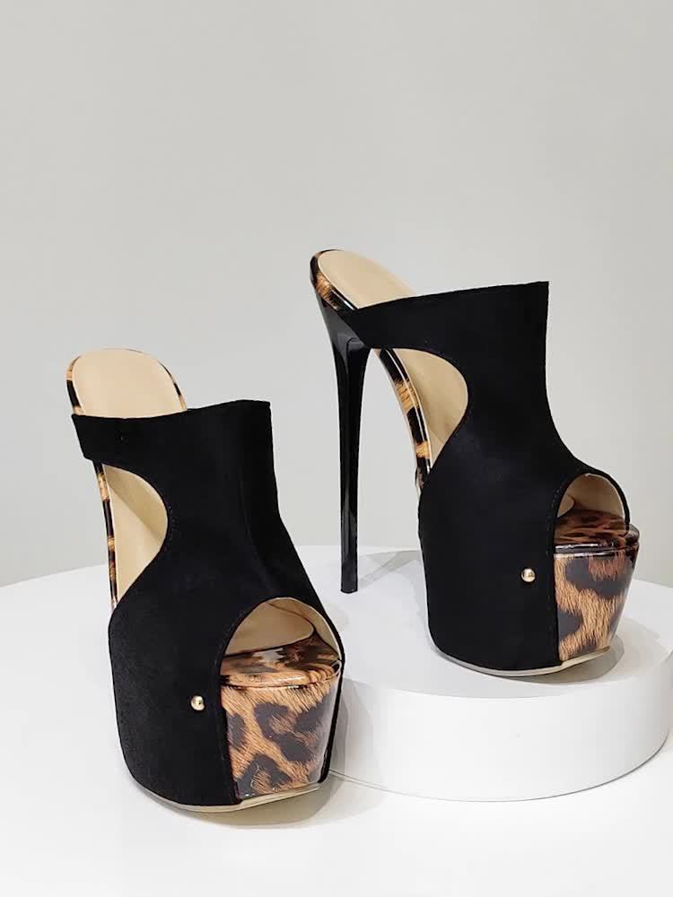 2025 Summer Leopard Print Fish Mouth Sandals Comfortable High Heel 6.69inch Color Block Stiletto Shoes