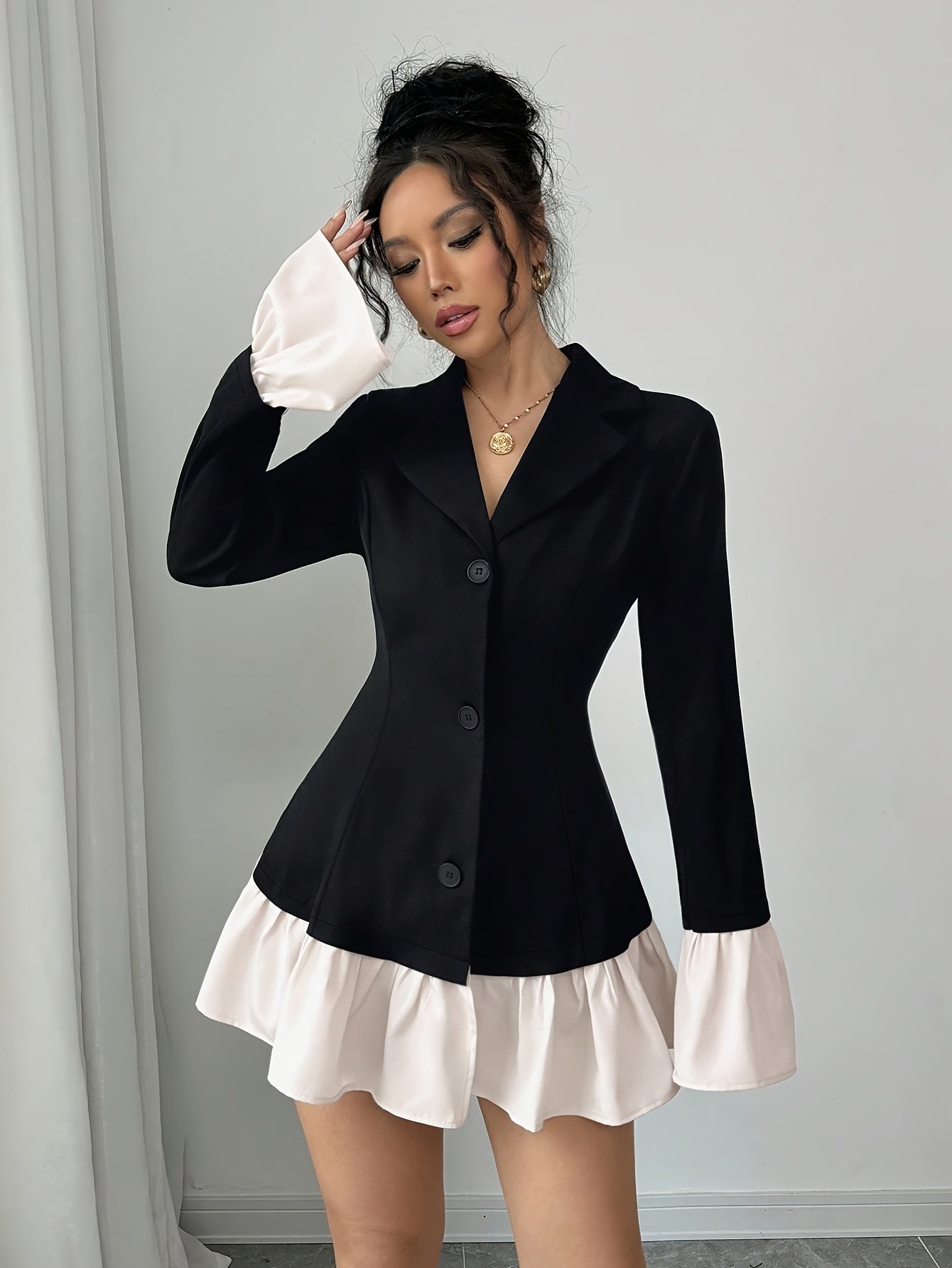 Women's Elegant Black & White Contrast Tailored Blazer Jacket with Notched Lapel, Ruffle Sleeve & Single-Button Closure - X-Silhouette Machine-Washable Spring/Fall Outerwear, Semiformal Attire | Pocketside Design | Sophistica