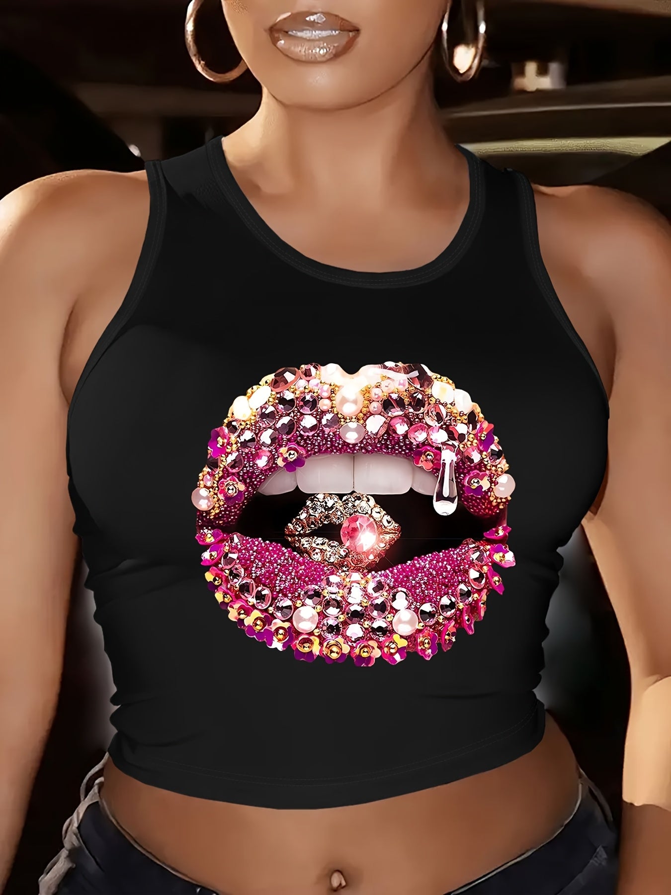 Glamorous Lip Print Tank Top with Rhinestones & Sequins - Sleeveless, Round Neck, Casual Fashion for Women, Spring/Summer Collection, Rhinestone Embellishments, Vibrant Colors, Blingy Style, Ladies Tank Tops