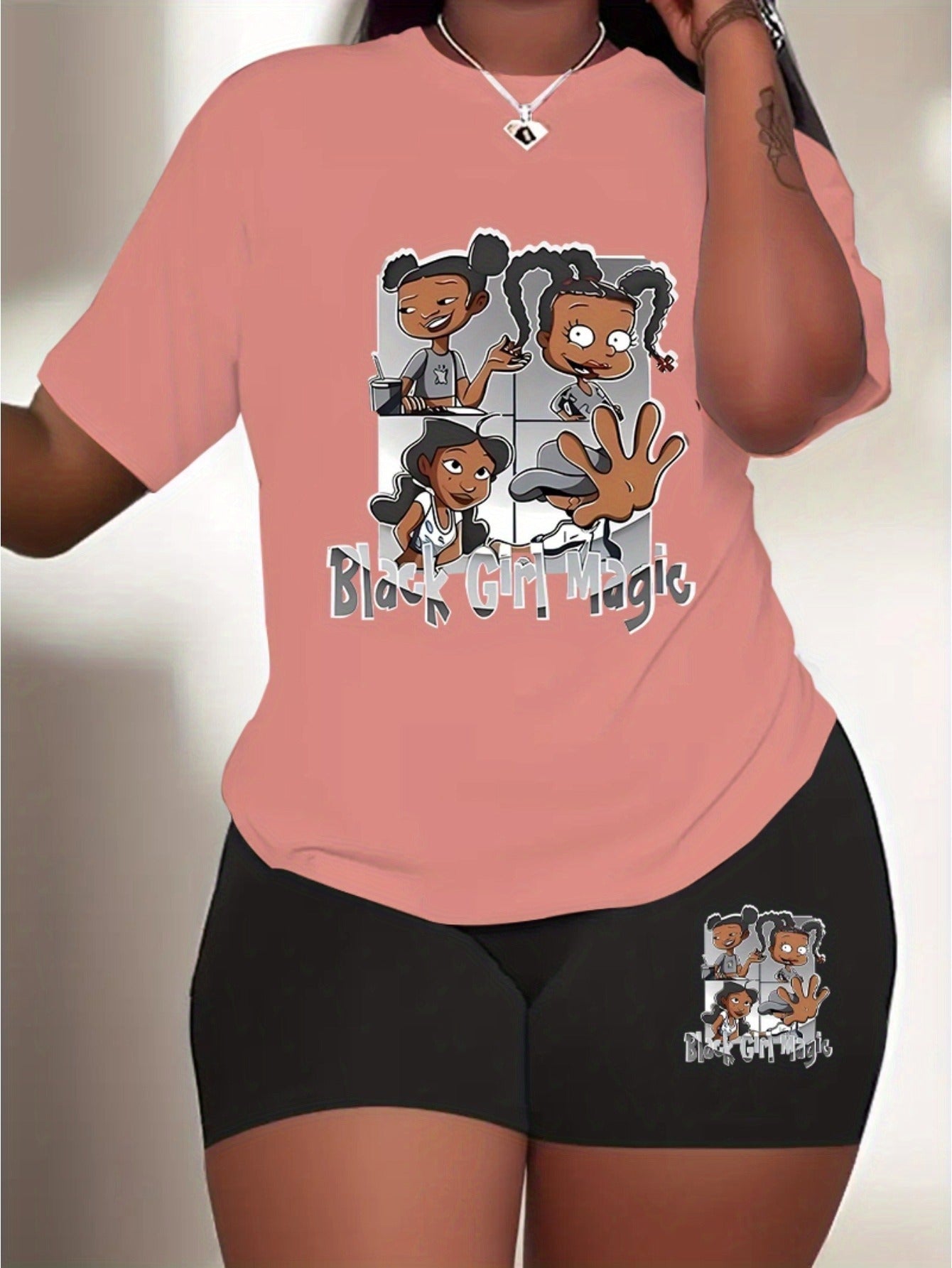 Women's casual cartoon print, polyester knit T-shirt and shorts leggings set, crewneck short sleeves, regular fit, all seasons