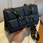 Black Synthetic Leather Mini Plaid Crossbody Bag with Adjustable Strap & Golden-Tone Chain Detail - Stylish Women’s Handbag for Everyday Use, Mini Purse