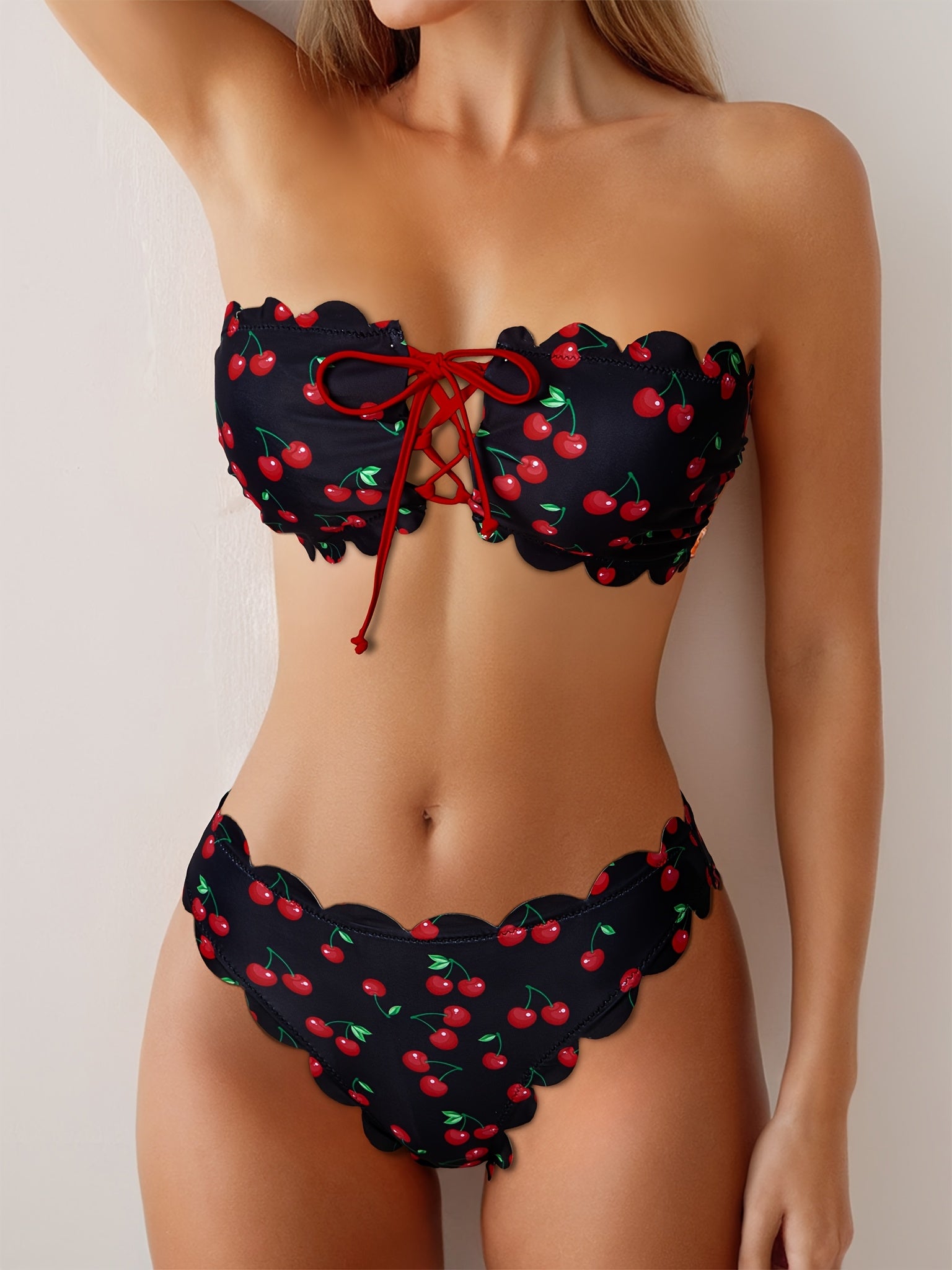 Women'S Sexy Strapless Bikini Set, High Stretch Polyester Fabric with Lace-up Detail, Fruit Pattern Swimwear, 85% Polyester 15% Elastane