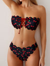 Women'S Sexy Strapless Bikini Set, High Stretch Polyester Fabric with Lace-up Detail, Fruit Pattern Swimwear, 85% Polyester 15% Elastane