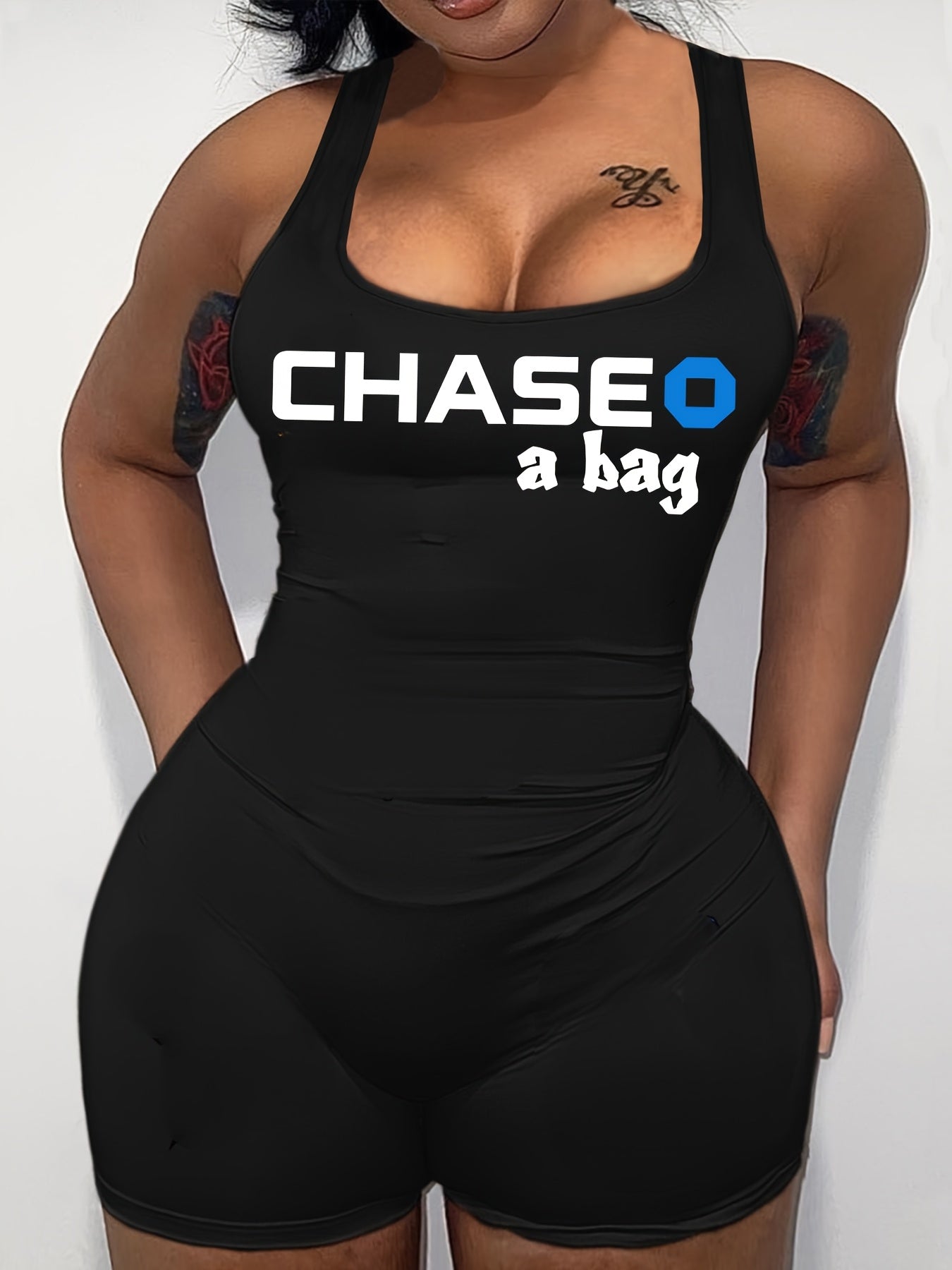 Women'S Sexy Black Bodycon Jumpsuit with "CHASE" Print - Backless Design, Square Neck, All-Season Fashion, Adult Size, Adult Fashion Jumpsuit | Backless Fashion | Letter Print Top, Plus Size Clothing