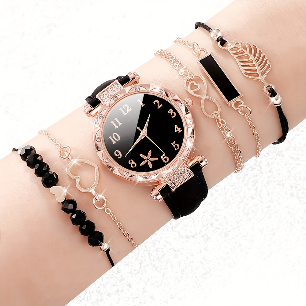 6pcs Elegant Ladies' Fashion Watch and Bracelet Set, Round Quartz Movement, PU Leather Strap, Zinc Alloy Case, Non-Rechargeable Battery - Perfect for Daily Wear, Parties, and Gifts for Special Occasions