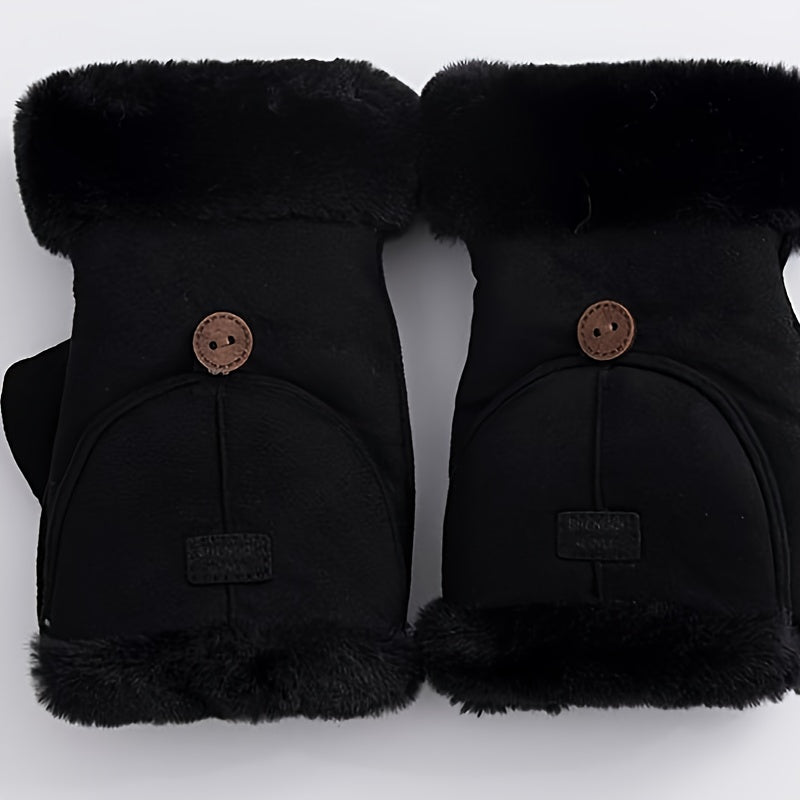 Women'S Autumn And Winter Warm And Cute Thick Fleece-Lined Half-Finger Touchscreen Gloves for Biking, Featuring a Flip Cover.