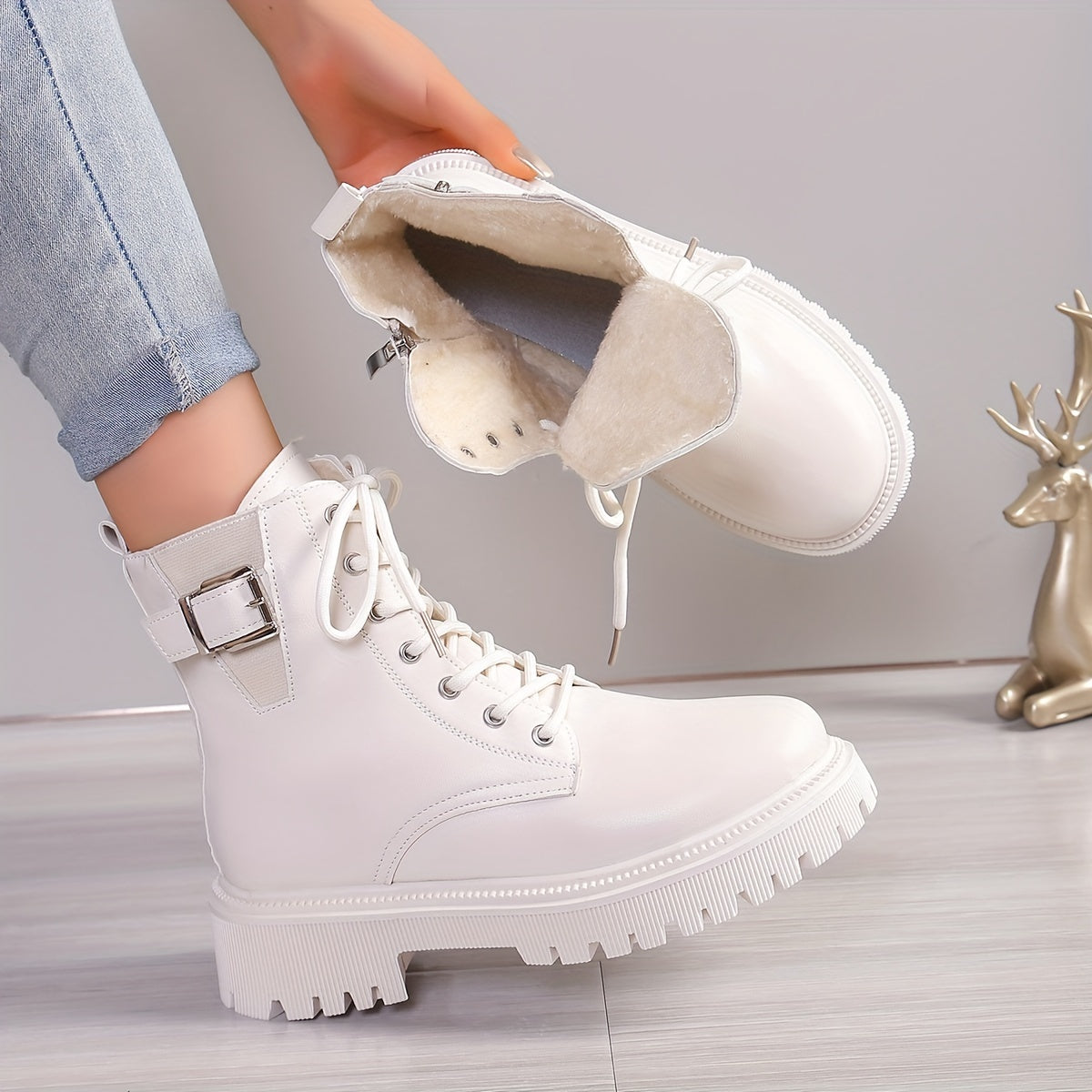 Women'S Fashion Ankle Booties - Mid Heel Platform Boots, Solid Color, Round Toe, Zipper Closure, Man-Made Upper, Fabric Inner & Insole, PU Sole, with Belt Buckle Detail