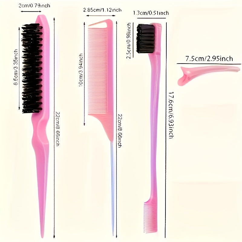 12pcs Hair Brush Set, Nylon Teasing Hair Brushes 3 Row Salon Teasing Brush, Double Sided Hair Edge Brush Smooth Comb Grooming, Rat Tail Combs With Duckbill Clips For Women Girls