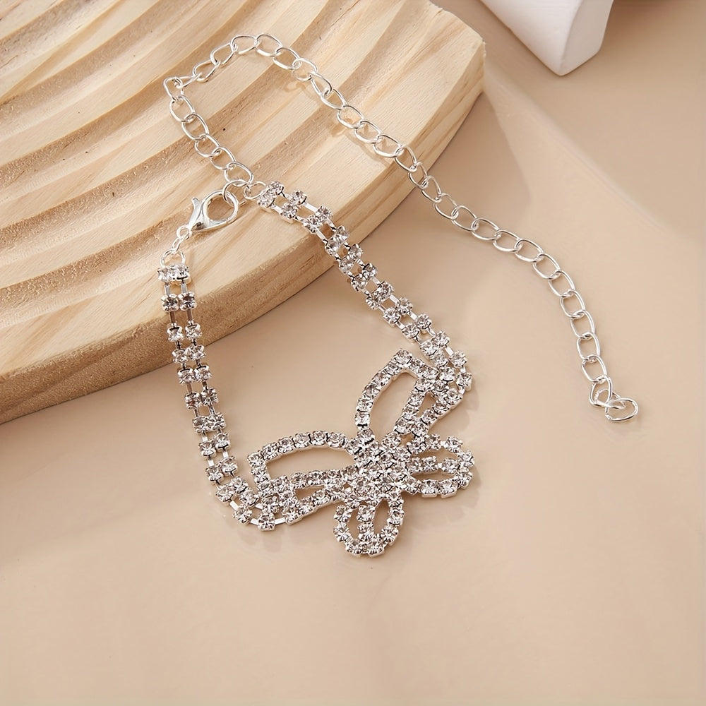 2pcs Butterfly-Shaped Full Rhinestone Decorated Alloy Hollow Charm Bracelet And Anklet Set - Sparkling, Sexy, And Street Style Accessories for Women - Perfect for Summer Beach Party, Gift-Giving, And Special Occasions
