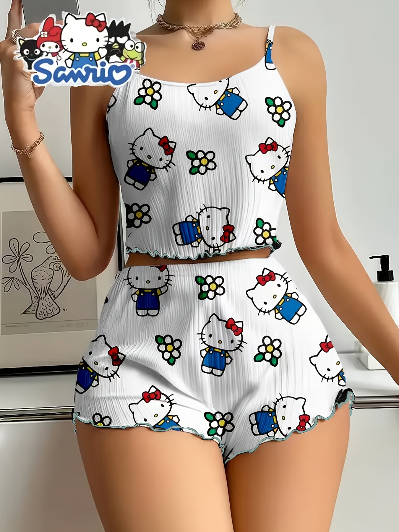 Sanrio for hello kitty Women'S Shorts Set - Elegant Off-Shoulder, Cartoon Print, Polyester Knit Pajamas with Ruffle Detail, All-Season Comfort, Adult Sleepwear, Shorts Set|Playful Print|Polyester Fabric