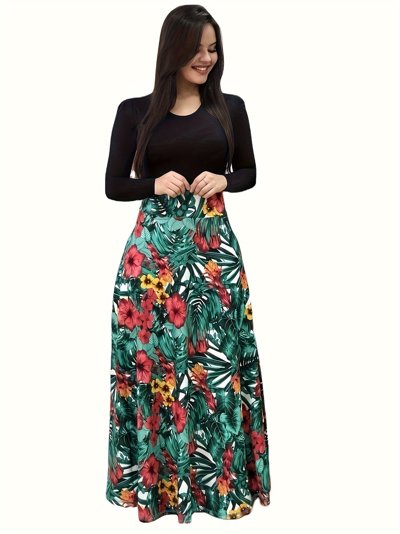 Stunning Floral Print Maxi Dress - Women's Elegant Long Sleeve Crew Neck Splicing Dress for Spring & Fall - Perfect for Various Occasions