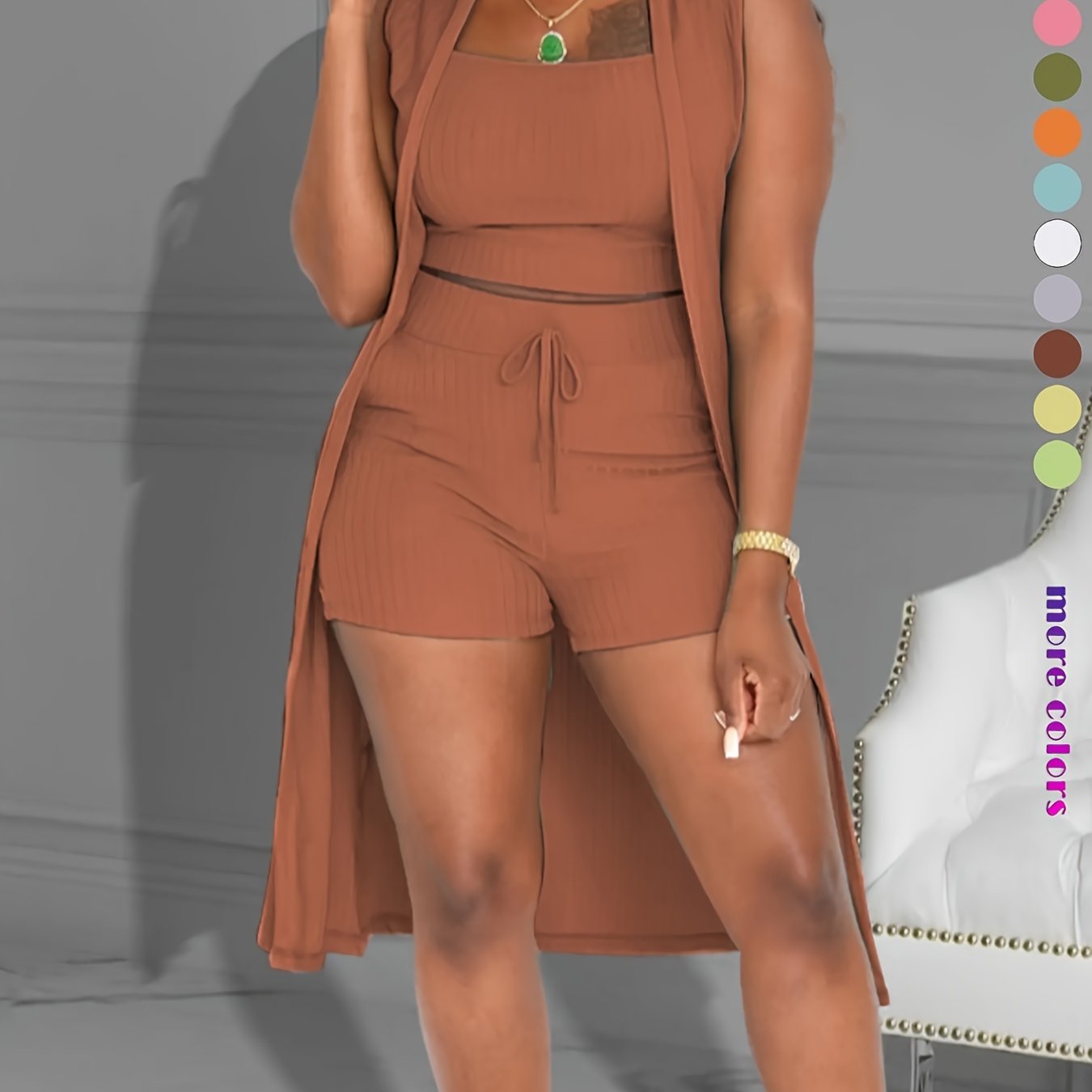 Women 3pcs Outfits Ribbed Sleeveless Kimono Cardigan Cover Up Tank Crop Tops Bodycon Shorts Tracksuit Lounge Sets, Casual Ribbed 3pcs Set, Crop Top+high Waisted Drawstring Pants+long Cardigan, Women's Clothing