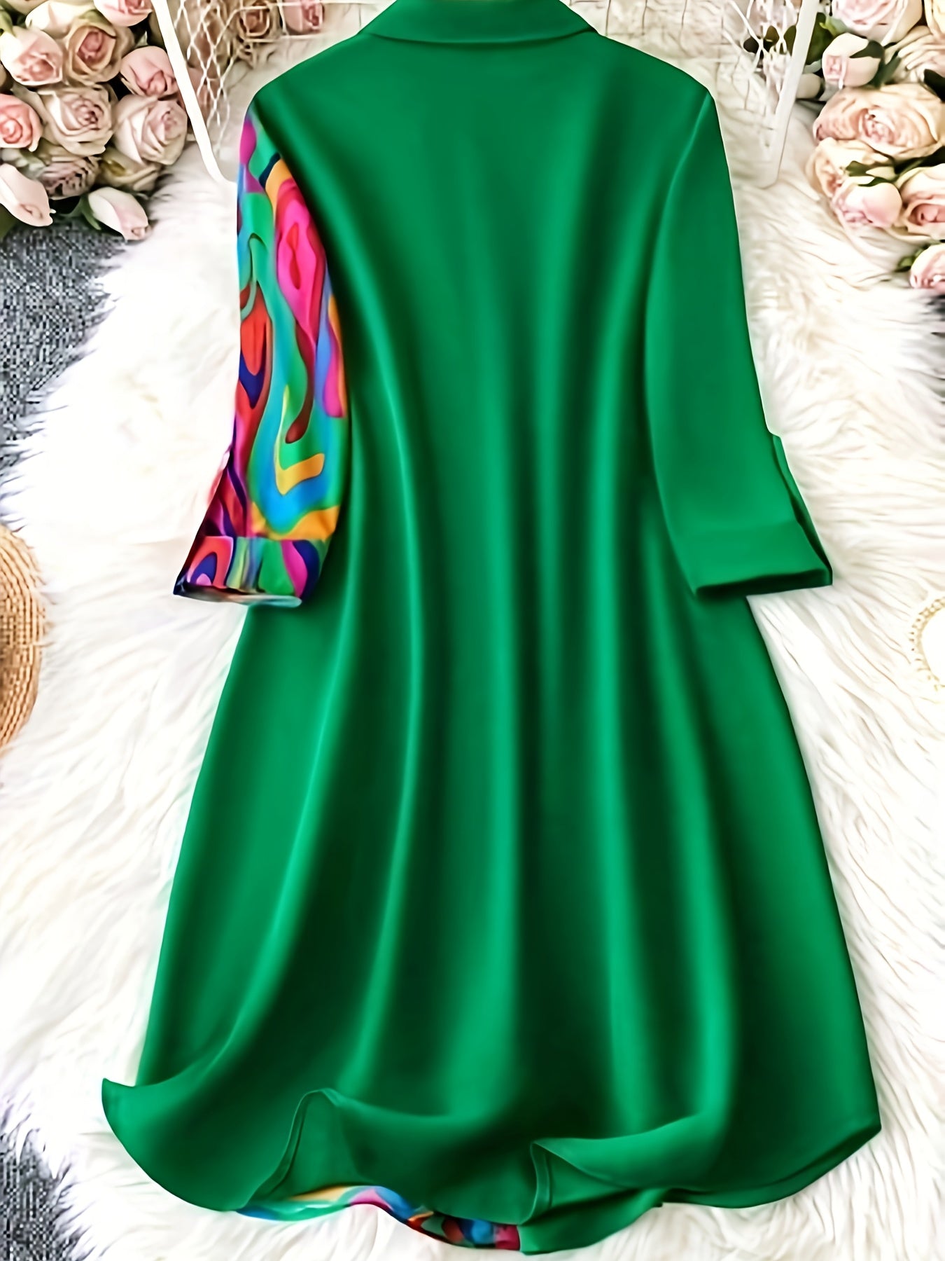 [Elegant A-line Shirt Dress] Elegant 3/4 Sleeve Color Block Button Front Shirt Dress - Loose A-line Dress for Spring & Fall - Women's Clothing