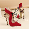 Women's Leopard Print Colorblock, Lace Up Hollow Out Stylish Dressy High Heels, Point Toe Party Banquet Shoes