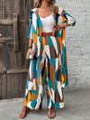 Vacation Style Geo Print Pantsuits Set, Long Length Short Sleeve Shirt & Wide Leg Pants Outfits, Women's Clothing