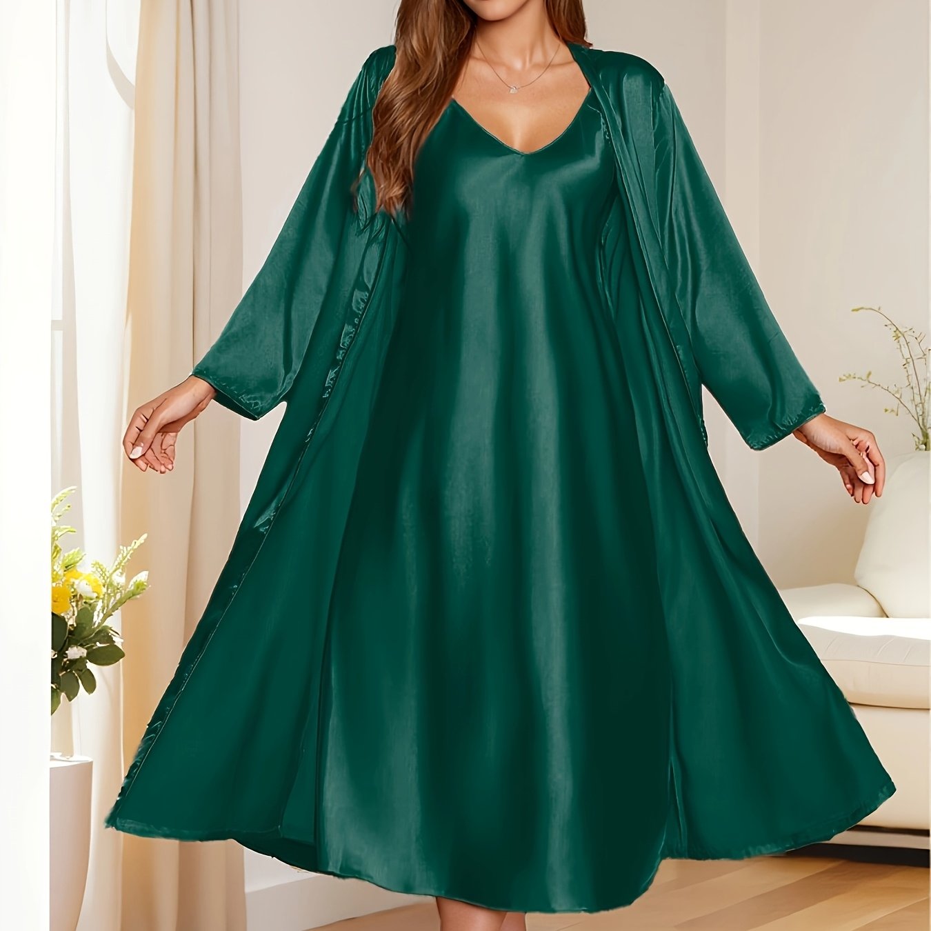 2pcs Women's Elegant V-Neck Satin Pajama Set - Smooth Polyester Fabric, 90g/m², Micro Elasticity - Autumn & Winter Comfortable Home Leisure Wear | Soft & Comfortable | Lace Up Detail