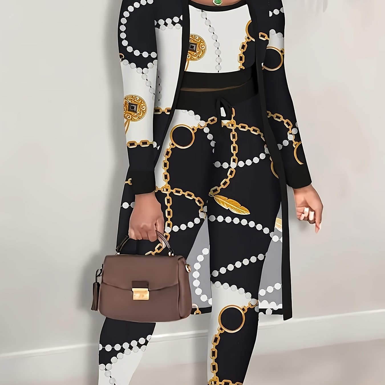 Three-Piece Set with All-Over Print, Featuring a Cropped Tank Top, Fitted Pants, And a Long-Sleeve Cardigan, Women'S Clothing, Sleepwear.
