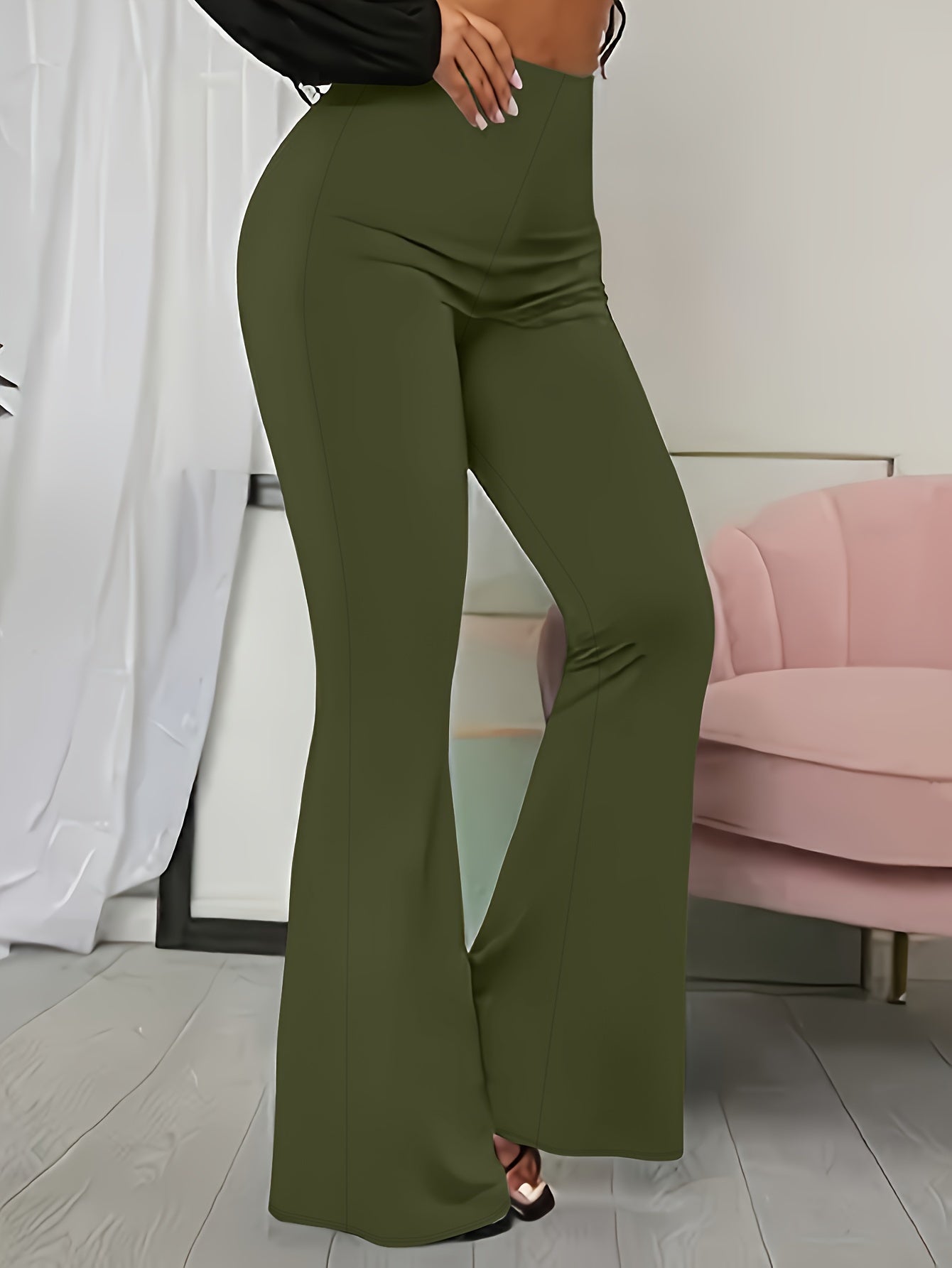 Solid Color Flare Leg Pants, Casual Versatile High Waist Pants For Spring & Summer, Women's Clothing