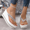 Women'S Fashion White Rhinestone Platform Sandals, Casual Split Toe Slip-on High Heel Slides, All-Season Polyurethane Upper & Insole, TPR Sole, Comfortable Fabric Lining