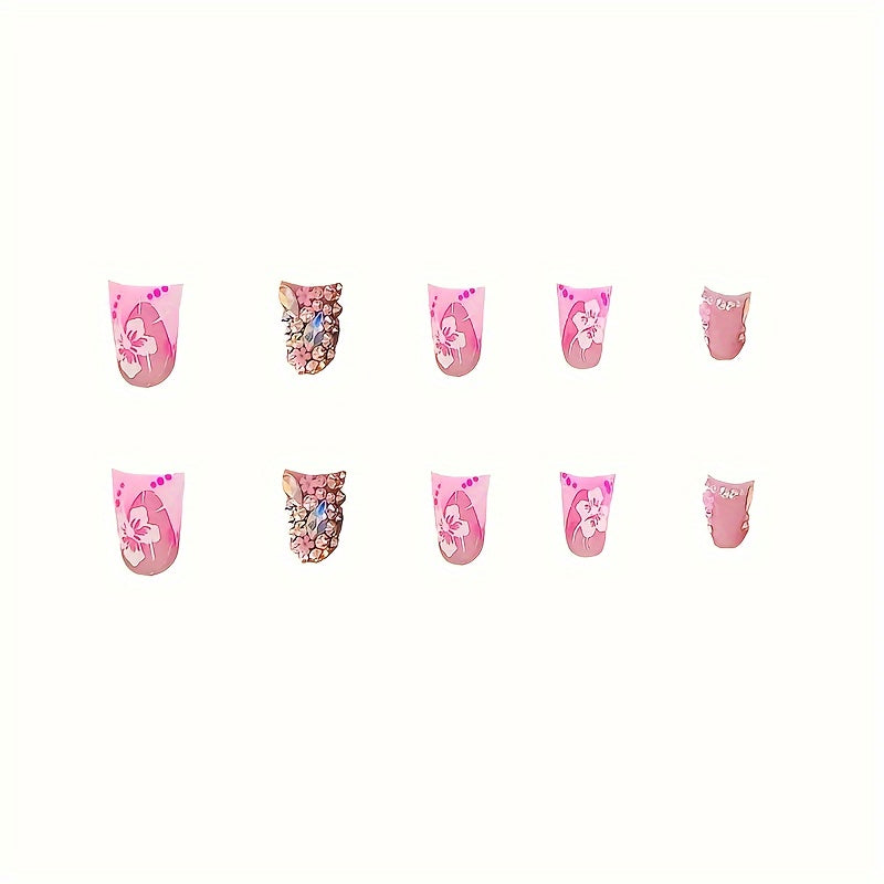 96pcs Press-On Nails Set, Blue & Pink, Duckbill Shape, Medium Length, with Jelly Glue & Nail File, Floral & Rhinestone Designs, Glossy Finish, Perfect for Girls & Women Gift