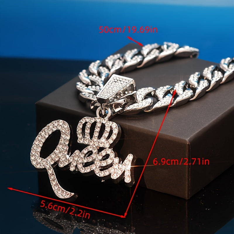 1pc Qneen Pendant Cuban Necklace For Women With Ice Cuban Chain Shiny Miami Necklace For Women Men Hip Hop Qneen Choker Necklace Jewelry Gift