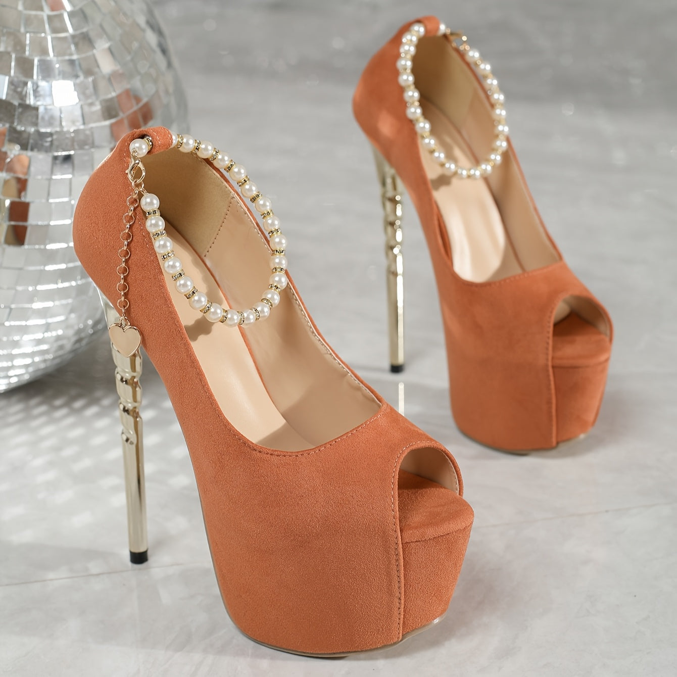 2025 Italian Peep-Toe Pumps with Pearl Straps, Sexy High-Heeled Shoes with a 17 Cm Heel, Perfect for Runway Shows.