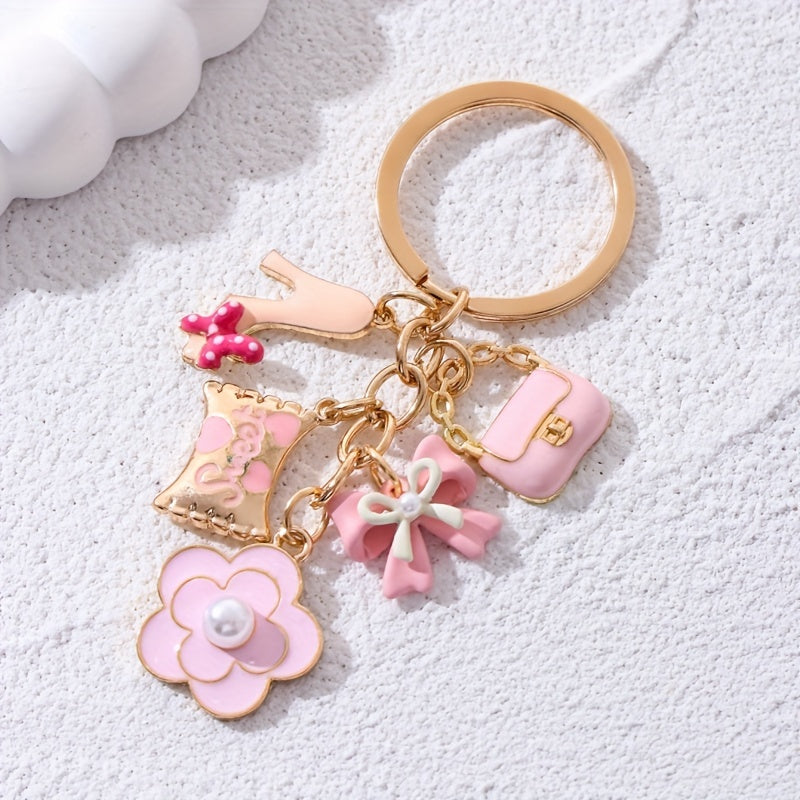 NXQXN Pink Mini Bag & Cosmetics Charm Keychain Ladies Key Ring - Metal Round Love Theme Keyring with Flowers & Heart Decor, Single Individual Piece, Wedding Festival Special, Ring Buckle Decorative Bag Pendant Gift
