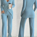 2025 Hit A Women'S Suit with an Irregular Design Exuding a High-End Feel. It'S a Two-Piece Set Featuring a Comfortable Long-Sleeved Top Paired with Wide-Leg Pants.