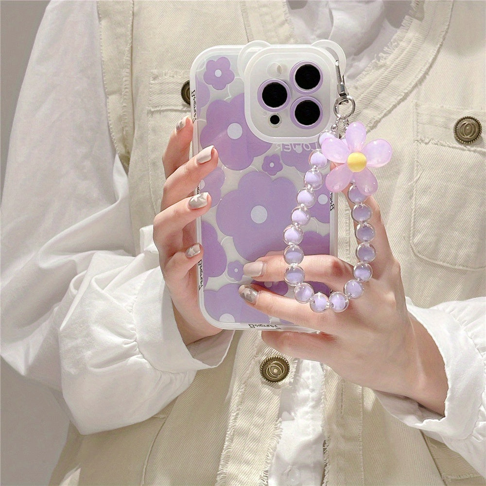 Luxury Cute Transparent Purple Bear Ear Egg Flower Soft Phone Case for iPhone 11 14 Pro Max 12 Pro 13 11 Pro Max 7 8 Plus Clear Cover with Flower Chain Lanyard