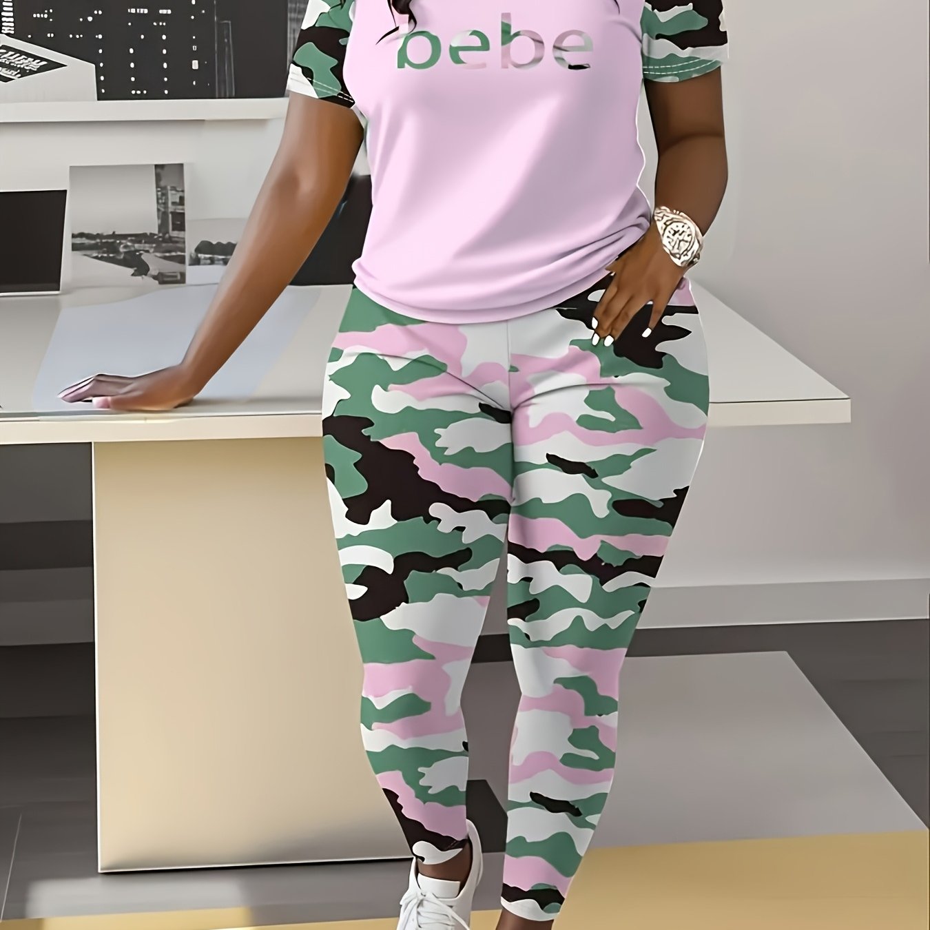 Adorable 'BEBE' Letter Print & Camo Patchwork Spring/Summer Set - Comfy Polyester Blend T-Shirt & Joggers, Machine Washable, for Women